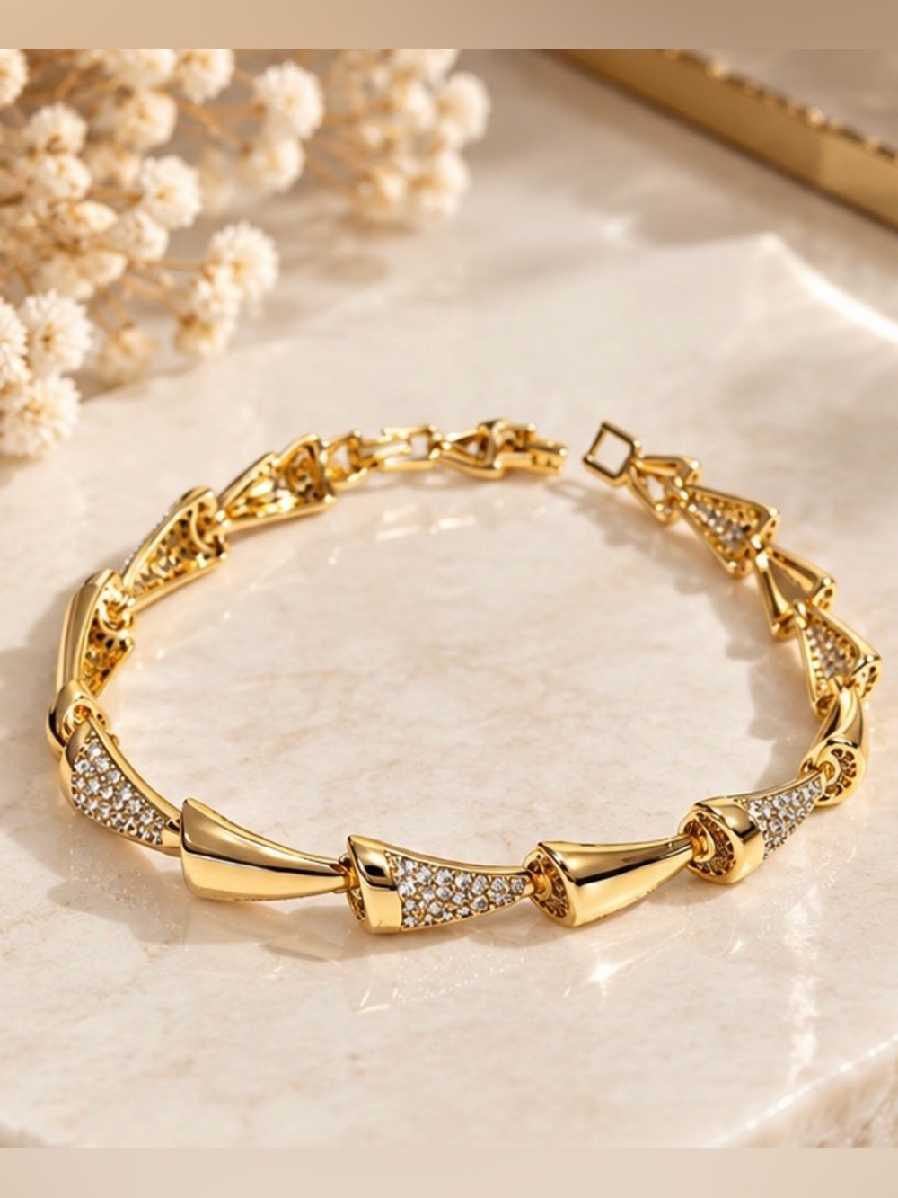 Gold Tone Crystal Geometric Link Bracelet Statement Jewelry